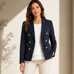 Ella Rafaella Women Double Breasted Blazer Blue Gold Crest Button Small SP